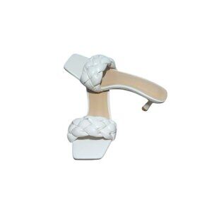 Women's White Braided Mid Heel Sandals with Open Square Toe, Size 37.